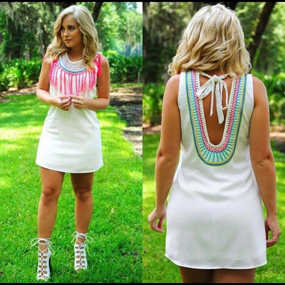 White multicolored pink tassel dress NWOT